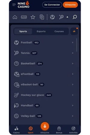 Screenshot of sports navigation